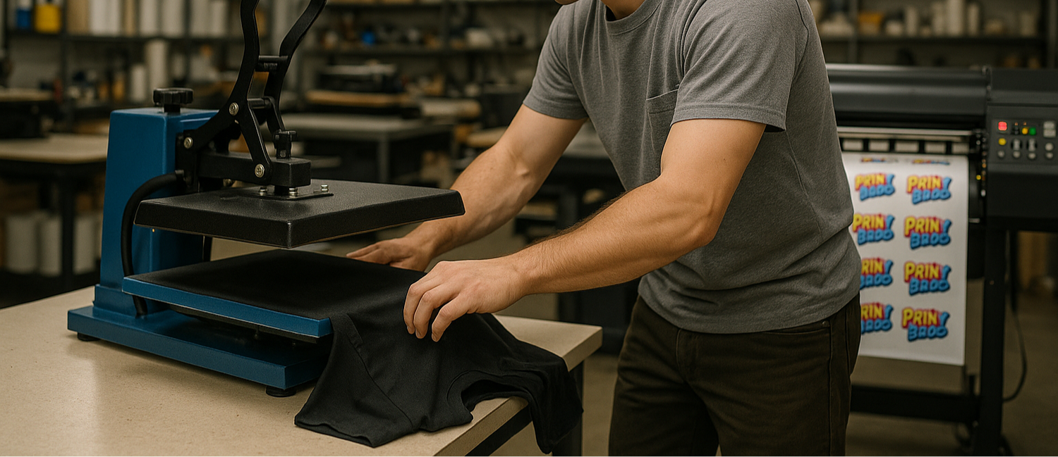 generate image of a young man using a heat press to press a shirt at his shop while a DTF printer is producing some "Print Bros" designs in the background. Make it as realistic as possible